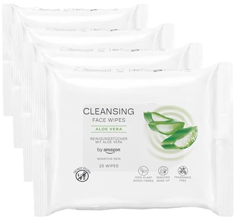 by Amazon Face Cleansing Wipes with Aloe Vera, Make-up remover, Fragrance Free, 25 Wipes (Pack of 4)