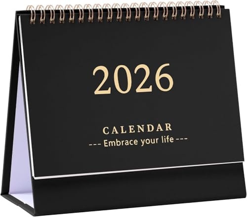 SHINEOFI Desk Calendar 2025-2026 Small Desktop Standing Flip Calendar for Home School Office Academic Monthly Planner Black 19x16.5cm