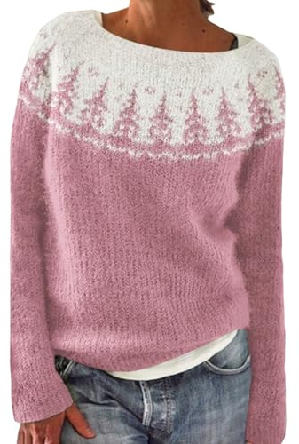 Generisch Pullover Damen Bunt Norweger-Pullover Große Größe Norwegerpullover Verdickt Klassisch Fleece Longpullover Teenager Mädchen Strickpullover Kuschelig Warmer Gestreiftes Pulli Oberteil