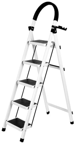 Escabeau à 5 Marches avec Rampe de Sécurité Pliable - Antidérapant,Charge 150 kg -Échelle de Qualité pour Bricolage et Jardinage en Acier Durable-152 x 87 x 39 cm - 5 marches (Blanc)