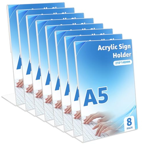 LDHHYH 8 stycken bordsstativ med guldkant, 14,8 x 21 cm akrylstativ DIN A5-bordsstativ sned, transparent bordsstativ i akryl, L-akrylstativ för bröllopsfest, restauranger, utställningar