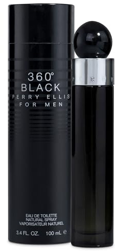 Perry Ellis 360° Black Eau De Toilette Spray for Men - Mens Cologne, Long Lasting Perfume, EDT, Fragrance with Notes of Ginger, Cardamom & Tobacco Leaf - 3.4 fl oz (100 mL)