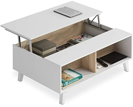 Habitdesign – Mesa de Centro Elevable para Salón o Comedor, Color Blanco Brillo y Roble Canadian, 100x68x38-48 cm - Modelo Zaiken Plus