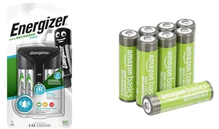 Energizer Chargeur Piles Rechargeables pour AA et AAA (4 AA Incluses) & Amazon Basics Piles Rechargeables Haute Capacité, Pré-chargées - Lot de 8 (Visuel Peut Différer)