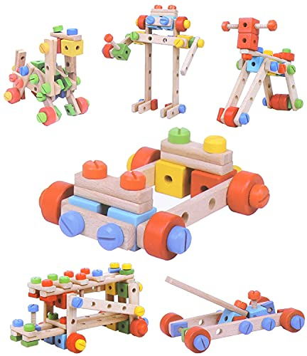 Boxiki kids Holzbauspielzeug - STEM Kinderbauspielzeug Set mit 78 PCS Bausteinen - Kreatives Holzspielzeug für die Feinmotorik - Spaß Lernspielzeug für 4 5 6 7 jährige Jungen & Mädchen