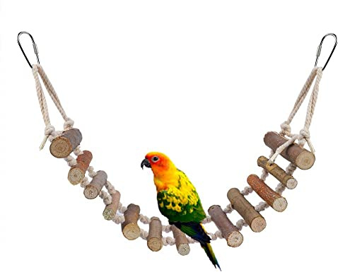 Wooden Bird Hanging Ladder, Parrot Rope Wood Ladder with Rope Swing Bridge for Lovebirds Parakeets Parrots African Grey Cockatiel Pet Training Toys