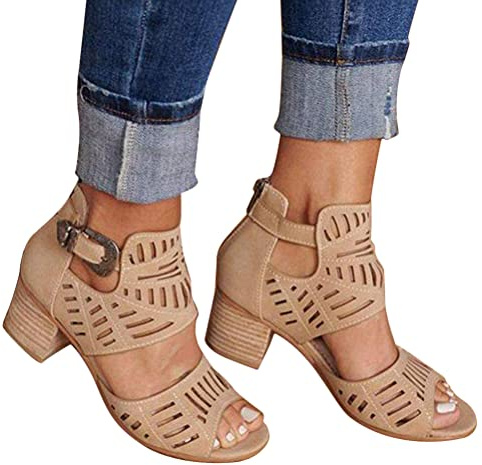 Onsoyours Femmes Sandales Mode Talon Carre Sandals Été Casual Romaines Bout Ouvert Sandals Chaussures pour Plage Vacances A Kaki 38 EU
