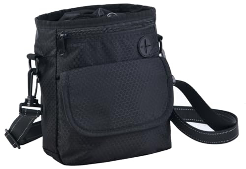 HANWELL Waterproof Dog Treat Pouch with Built-in Poo Bag Dispenser, Hands Free Puppy Training Bag Carries for Walking (Adjustable reflective Waist Belt & Shoulder Strap)-New Black