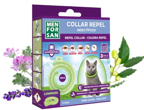 MENFORSAN Collier Anti-Insectes Luminescent pour Chats, avec 3 répulsifs naturels, Longueur 30cm, Auto-réglable