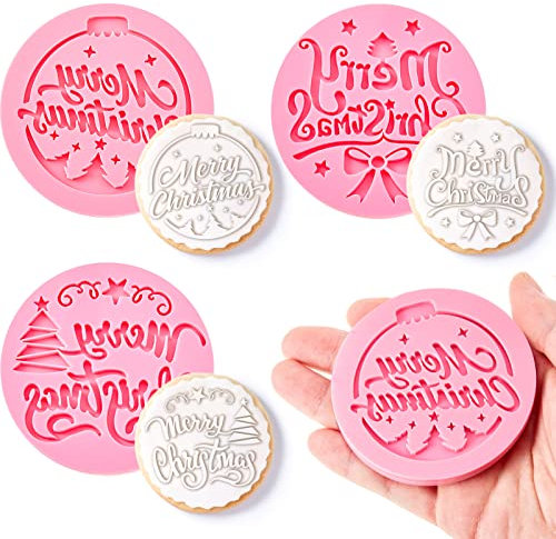 3 Sellos para Galletas de Navidad Cortadores de Galletas en Relieve de Merry Christmas Sellos de Fondant con Diseño en Relieve 3D Moldes de Cupcake de Acrílico Redondo Rosa para Glaseado