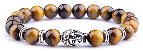 8 mm kungligt blå tigeröga armband män silverfärg Buddha huvud berlock armband kvinnor amulett Vinatge gul sten pärlor pulsera, gul tiger-2,17 cm