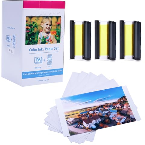 Hanseo KP-108IN Druckerkartusche und Papier 100 x 148 mm Fotopapier kompatibel mit Canon SELPHY CP1500 und CP1300 Fotodrucker, 3 Patrone und 108 Blatt Fotopapier
