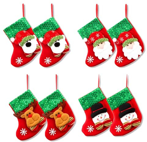 Rumyve Set of 8 Mini Christmas Stockings - 3D Classic Santa, Reindeer, Snowman, and Bear Designs - Hanging Decorative Gift Bags for Christmas Tree, Fireplace, and Holiday Decor