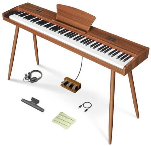 Longeye Piano digital de madera de 88 teclas, piano eléctrico semipesado para principiantes y profesionales con triple pedal, auriculares, soporte de reposo de música, conexión MIDI, estado de ánimo,
