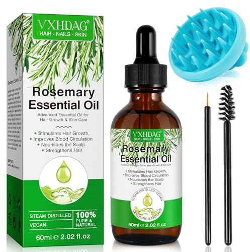 Huile de romarin avec masseur de cuir chevelu - Huile essentielle de romarin 100% pure pour les cils, nourrit le cuir chevelu, stimule la croissance des cheveux pour tous les types de cheveux 60ML