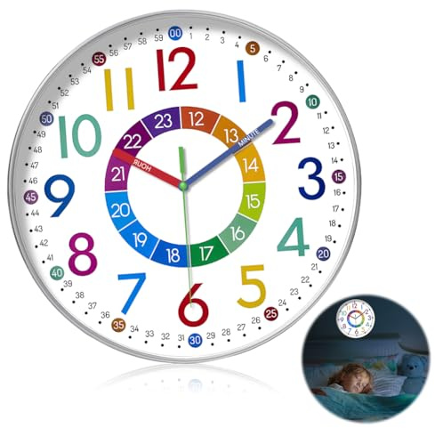 RANJIMA Orologio da parete per bambini, senza ticchettio, 30 cm, per bambini, funzionamento a batteria, colorato, orologio da parete per bambini, orologio da parete, per cameretta dei bambini,