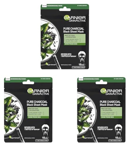 Garnier Pure Charcoal And Black Tea Sheet Mask, Purifying And Hydrating Face Mask With Hyaluronic Acid, LHA & Black Tea Extract, Mattifies Shine Prone Skin, Biodegradable & Vegan Tissue 28g