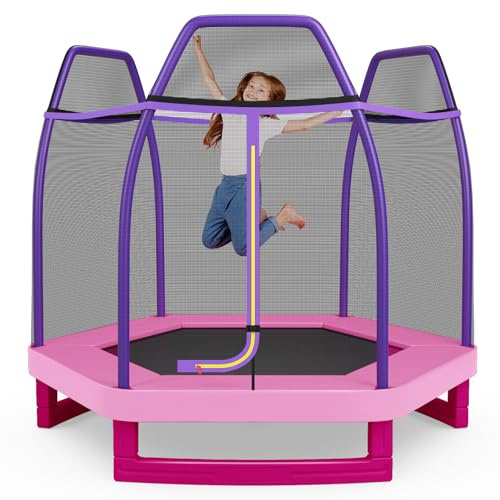 COSTWAY Trampolino Elastico per Bambini 223 cm, Tappeto Elastico per Bambini da Esterno ed Interno con Rete e Cuscinetto a Molle, Portata150 kg, Adatto ai Bambini 3+ Anni (Rosa)