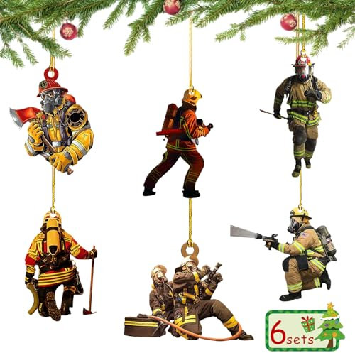 WYFDCZZP Feuerwehrmann Weihnachten Deko, 6 Stück Weihnachtsbaum Feuerwehrmann Acryl Ornamente, Feuerwehrmann Acryl Ornamente FüR Weihnachten, für Wandfenster, Baum, Auto-Rückspiegel-Zubehör (B)