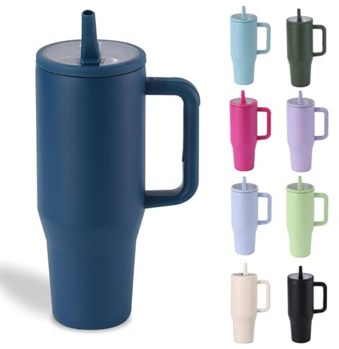 Moollyfox 1 200 ml/40 oz isolerad mugg läckagesäker rostfritt stål dubbelväggig bilmugg med sugrör kaffekopp kylkopp resemugg med handtag och läckagesäkert lock marinblå