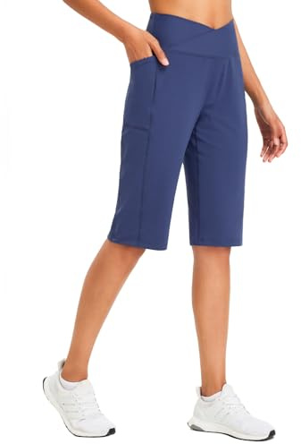 baleaf Women's Bermuda Long Shorts Knee Length Capri Pants High Waisted Yoga Cropped Pants with Pockets Business Casual Work Navy Blue L