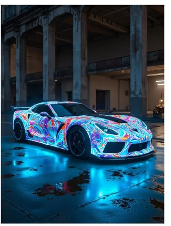 VOSERY Neon Sports Car in Abstract Garage Diamond Art Kits for Adults - DIY 5D Full Drill Diamond Painting for Home Wall Decor, Frameless Diamond Painting Kits for Adults Beginner