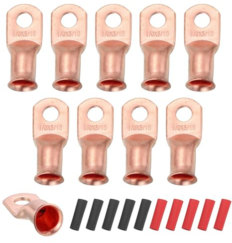 sourcing map 10pcs 1/0 AWG M8 Battery Lugs Ring Terminals, 5/16 8mm Stud Crimp Wire Terminal Connector End Copper, 3:1 Heat Shrink Tubing, Gold