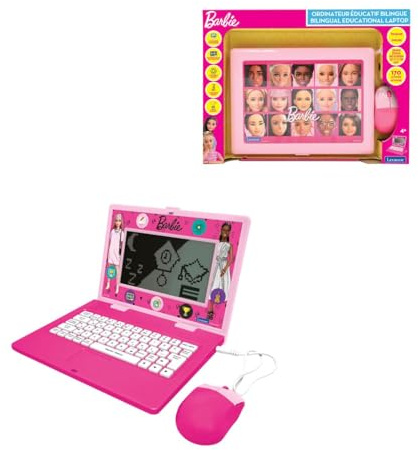 Lexibook, Ordinateur Portable Parlant éducatif bilingue Barbie avec 170 activités (85 dans Chaque Langue) Grand écran de 6.7” en Anglais et français, Rose, JC599BBi1