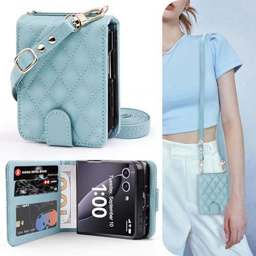 OCASE Étui Portefeuille pour Samsung Galaxy Z Flip 7, 3 Compartiments Cartes, 2 Lanière Amovibles Réglables, Protection RFID Housse, Flip PU Cuir Coque pour Galaxy Z Flip 7 - Bleu Vert
