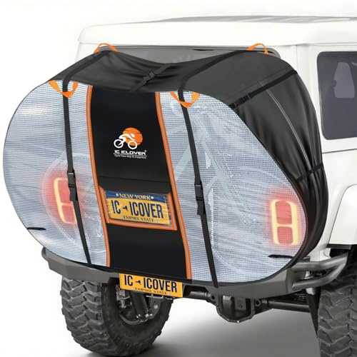 IC ICLOVER Bike Cover for Transport on Rack, Bicycle Covers for 2 Bikes on Rear Bike Rack with Safety Visible Tail Lights Window, 600D Waterproof Outdoor Storage Bike Cover on Hitch Travel for RV SUV