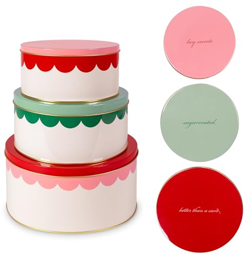 kate spade new york Decorative Metal Tins with Lids, Vintage Inspired 3 Piece Nesting Set, Small Medium & Large Cookie Containers, Perfect for Gift Giving and Parties (Hey Sweets)