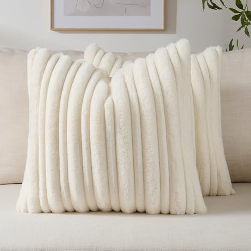 FUTEI Set of 2 Fluffy Faux Fur 45x45 cm Cushion Covers Double Sided Soft Plush Striped Textured Scatter Pillow Covers 45 x 45 cm Modern Accent for Sofa Bed Living Room, Cream White