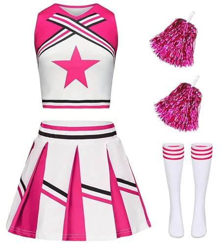 XFOZDM Costume da cheerleader per bambini, da cheerleader, per ragazze, da cheerleading, uniforme, con pompon e calze, costume di carnevale, Halloween, cosplay, feste, rosa 130