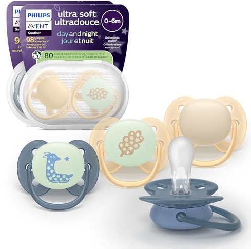Philips Avent Ultra Soft Day & Night-nappar – ortodontisk design för barn 6–18 månader, lyser i mörkret, symmetrisk silikonnapp, BPA-fria, med steriliseringsfodral, 4-pack, SCF094/10