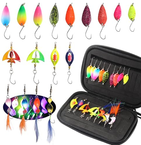 Sunyunze 17 Pièces Set de Cuillères pour Truite Leurres UV Actifs 1.5g/2.5g/3.5g/3.8g/4.2g Cuillères à Truite Clignotantes Leurres Artificiels Spinners Clignotants avec Sac de Rangement
