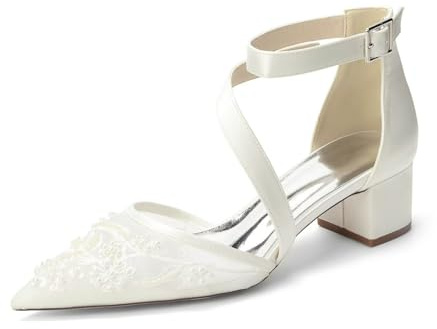 Scarpe Sposa con Cinturino Caviglia Décolleté Tacco Blocco Pizzo Sandali Cerimonia Donna Eleganti