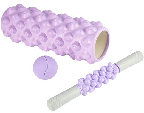 Minifactory 6-in-1 Foam Roller Set – Yoga & Pilates Muscle Recovery Kit with Massage Roller Stick, Massage Ball, Resistance Bands, 33cm Foam Roller for Fitness, Stretching & Relaxation (Purple)