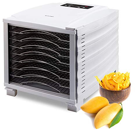 Dörrmaskin/torkmaskin BioChef Arizona 8 fack av rostfritt stål, BPA-fri tritan, digital 24 timmars timer och termostat, gratis 1 x hylla, finmaskig inläggsmatta, non-stick filmer (vit)
