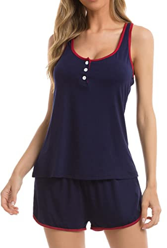 Vlazom Women's Pyjamas Set Soft Sweetness Cami Tank Pj's Sets Shorts Summer Sleepwear Loungwear Set with Pockets,Navy, M