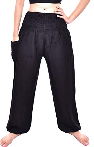 Bohotusk Kids Bohemian Harem Pants Smocked Elasticated Waist Hippy Boho Style - Childrens Hippie Festival Trousers (UK, Age, 9 Years, 12 Years, Regular, Black Plain Solid)