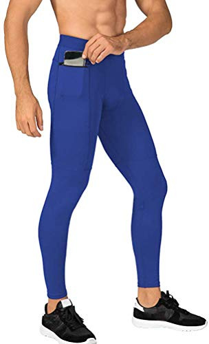 MakingDa Joggingbyxor för män sport kompression byxor träning löpning tights leggings cool torr teknisk träning baslager med blixtlåsficka, BLÅ, XL (Smal)