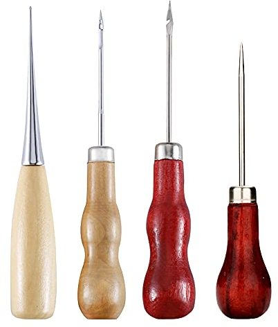 Nifocc Manico in legno punteruolo Set in pelle Awl cuoio, punzonatura in acciaio graffio punteruolo per punching taglio stencil cuoio, cucito 4 pezzi