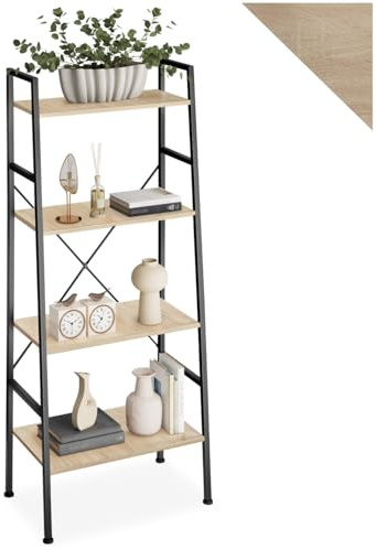 tectake® Estanteria de Escalera con 4 Baldas de Madera, Sistema Antivuelco, Estanteria Pared, Muebles de Salon, Recibidores de Entrada - 61,5 x 36,5 x 150 cm Madera Industrial Clara, Roble Sonoma
