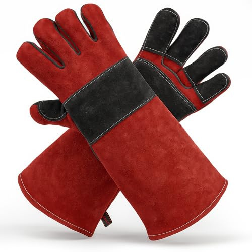 Welding Gloves for Men and Women - 16 Leather 932°F Heat and Fire Resistant Forge MIG TIG Stick Welder Gloves - Also Used for Oven, Grill, BBQ, Furnace, Stove, Fireplace, Animal Handling - Red