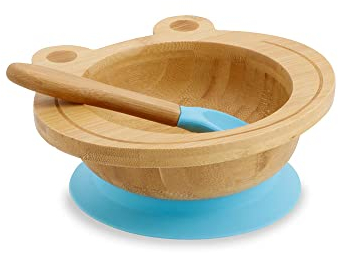 BIOZOYG Set con ciotola di bambù Rana I Ciotola con base a ventosa e cucchiaio - certificato FSC I Splendida scodella in legno di bambù per bambini - ciotola da pappa e muesli rotonda blu
