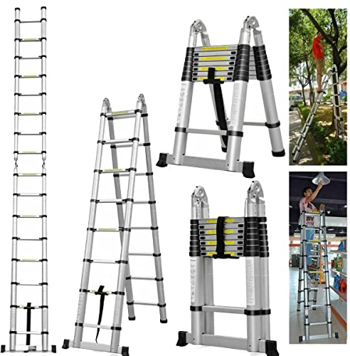 Escalera Plegable telescópica de 2,5 + 2,5 m, de Acero Inoxidable, Escalera de Tijera, portátil, Multiusos, soporta hasta 150 kg, para Exterior e Interior