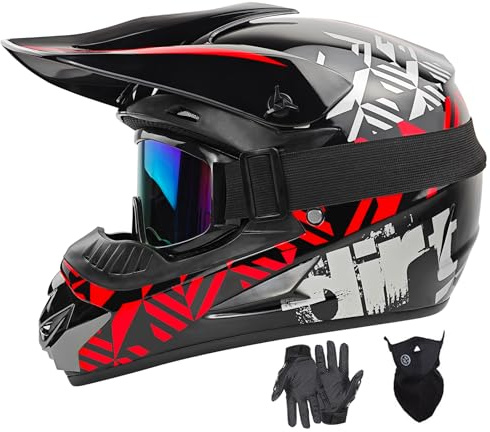 Youth Dirt Bike Helmets DOT Approved Fashion Kids Motocross, ATV, Off-Road, Four Wheelers, BMX Motorcycle Bike Helmets (Goggles Gloves Faceshield) (Red, Small)