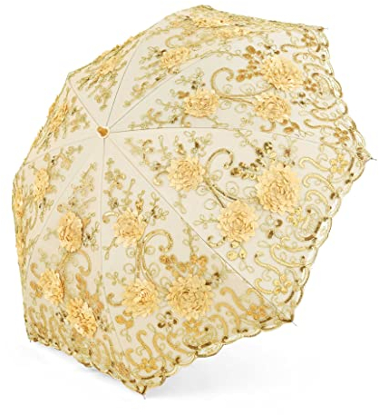 BABEYOND Sonnenschirm, Vintage-Spitze, faltbar, 3D-Blumenstickerei, Regenschirm (champagnerfarben)