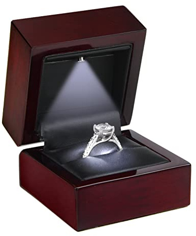 Allure - Luxury Ring Box With LED Light, Authentic Mahogany Wood With Black Leatherette Insert, Square Elegant Diamond Ring Case, For Unique Proposal Or Wedding, Small Jewelry Display Gift Box.