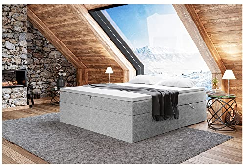 MEBLINI Boxspringbett mit Bettkasten - Gepolstert Doppelbett mit Matratze und Topper - Polsterbett mit Stauraum - Bett ohne Kopfteil - Stauraumbett - Lionel - 180x200 - H4/Grau Webstoff